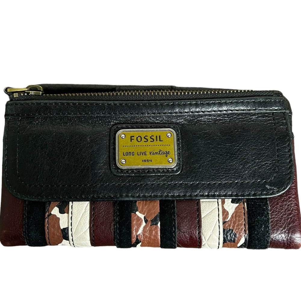 FOSSIL Long Live Vintage 1954 Multicolor Brown Patchwork Leather Wallet Clutch